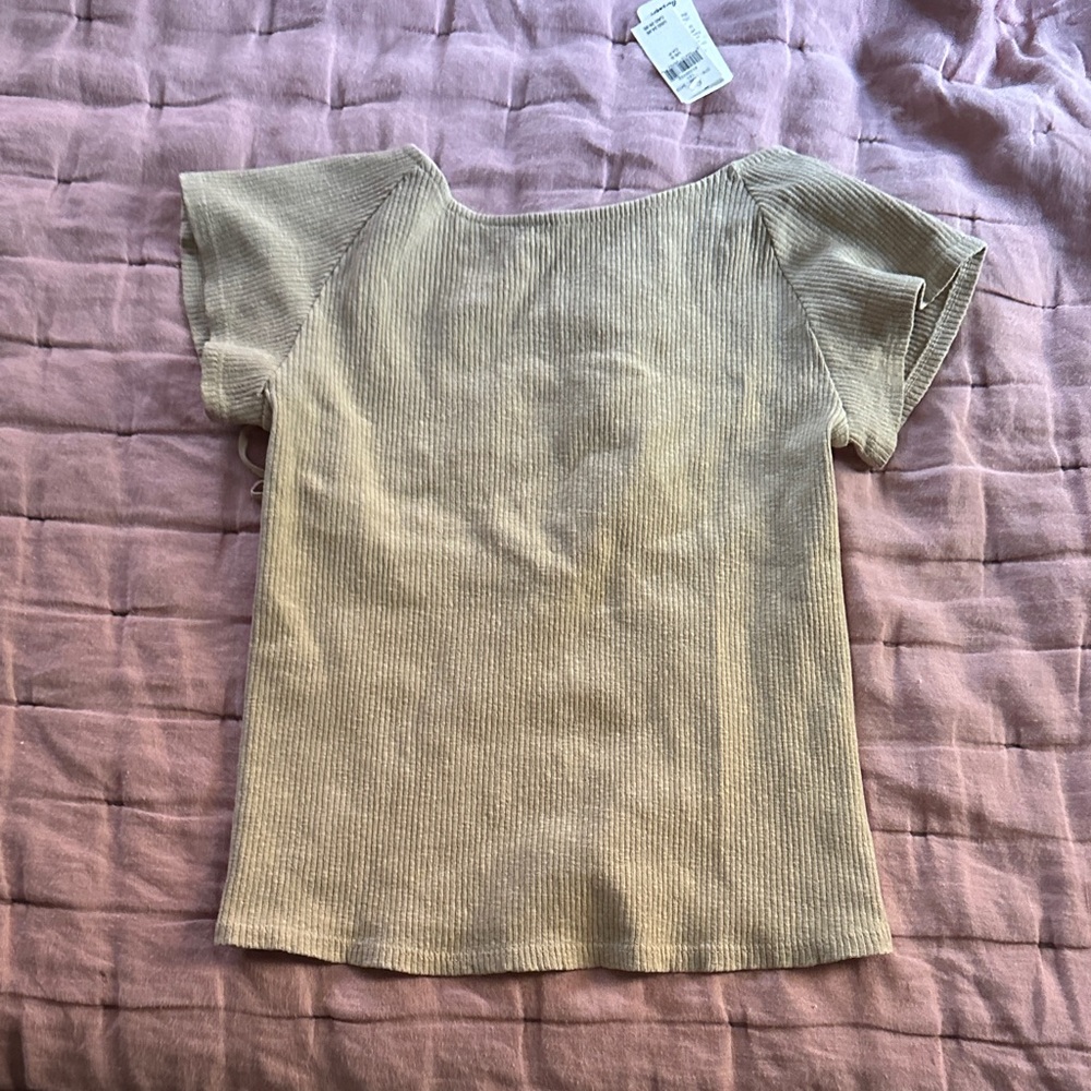Aerie Light Beige Ribbed Short Sleeve Top